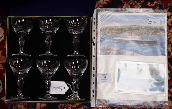 A boxed set of six Stuart Crystal RMS Carinthia wine glasses made for Cunard and an RMS Carinthia menu and postcard